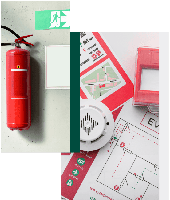 extincteur et plan d'évacuation représentant les normes de sécurité en entreprise